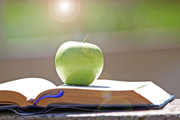 Fresh green apple on an open book outdoor in the grass. Time for school. Learn and healthy food concept. Apple and a book. Open schoolbook. Open manual and fruit outdoor. Nature and education. 