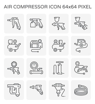 Air compressor icon. Consist of spray gun or airbrush for auto paint repair. Including with pressure tank, bicycle pump, air blow gun, pressure gauge, pneumatic staple, drilling tool, jack hammer etc.