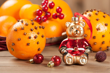Pomander Oranges With Clove And Spices. Christmas Tree Bear Toy.