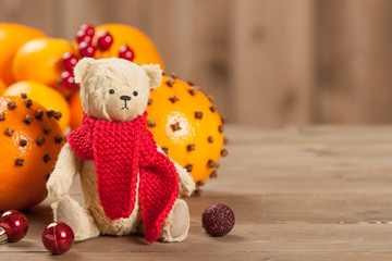 Handmade Bear Toy With Red Scarf. Vintage Teddy Style. Pomander Oranges With Clove.