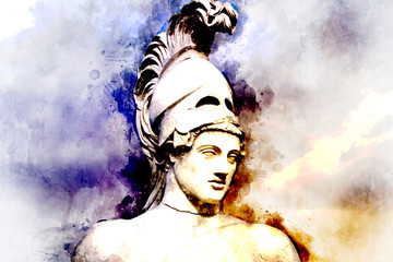 Watercolor, Statue of ancient Athens statesman Pericles. Head in helmet Greek ancient sculpture of warrior.