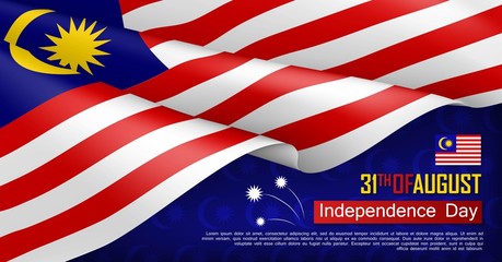 Malaysian Independence day horizontal web banner. Patriotic background with realistic waving malaysian flag. National traditional holiday vector illustration. Malaysia republic day celebrating