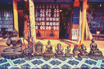 Sculptures of various Indian gods in a souvenir shop.