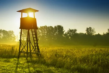 Foto op Plexiglas Lookout tower for hunting at dawn © Zsolt Biczó