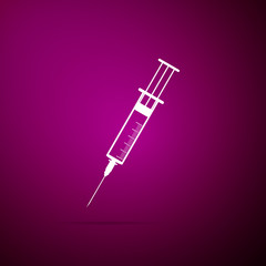 Syringe icon isolated on purple background. Syringe sign for vaccine, vaccination, injection, flu shot. Medical equipment. Flat design. Vector Illustration