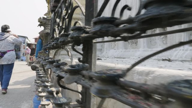 Prayer wheels at Swayambhunath monkey temple in Kathmandu, Nepal.