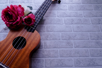 Fototapeta na wymiar Ukulele Hawaiian Guitar and flowers