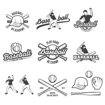 Collection of Vector Baseball logo and insignias, presented with a set of baseball equipment illustrations