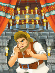 Obraz na płótnie Canvas happy cartoon scene with man in castle room - illustration for children