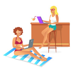 Two Women on Resort Color Vector Illustration