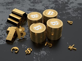 3D image of Golden bitcoin and gold bullion and gold currency symbols on the metal rusty surface. Bitcoins - the international cryptocurrency, the idea of opportunity and development. 3D rendering