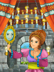 Obraz na płótnie Canvas cartoon scene with princess in medieval castle room - illustration for children 