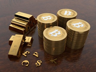 3D image of Golden bitcoin and gold bullion and gold currency symbols on the wood surface. Bitcoins - the international cryptocurrency, the idea of opportunity and development. 3D rendering