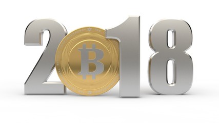 image 2018, the year of the cryptocurrency, the bitcoin era. The date 2018 zero replaced by bitcoin. The idea of development of crypto-currencies, international money. 3D rendering on white background
