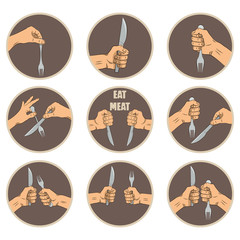 Fork and knife in hand vector. Cutlery manual drawing. Sketch illustration