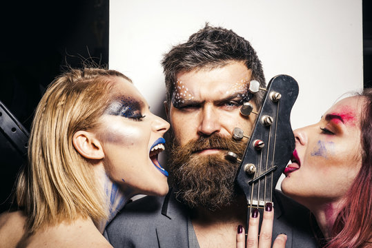 Music concept. Love Music. People with guitar playing music. We really enjoy music together