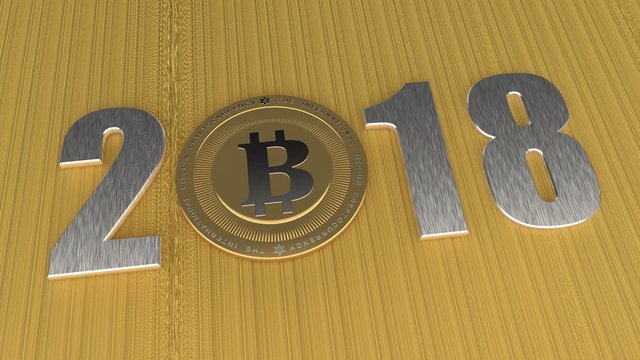 image 2018, cryptocurrency, bitcoin era. The date 2018 zero replaced by bitcoin for gold scratched the surface. The idea of development of crypto-currencies, international money. 3D rendering.