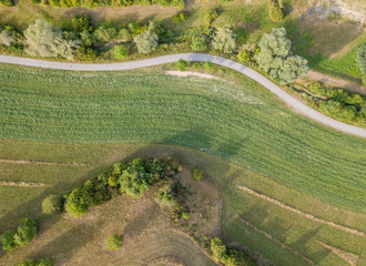 Aerial view of road trough rural landscape with bushes during sunset in Switzerland