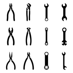 Hand tools icon set. Pliers and spanner. Silhouette vector