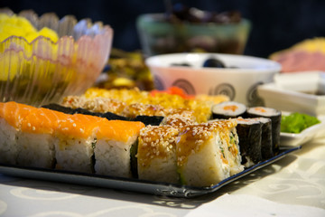 Sushi rolls served on a table