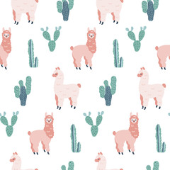 Modern seamless hand drawn pattern with alpacas and cacti. Childish texture. Good for fabric, textile Vector Illustration © Viktoriia