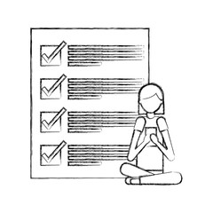 woman sitting with cellphone and document checkmarks