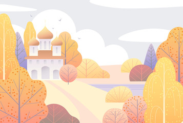 Obraz premium Autumn Scene with Church and Yellow Trees
