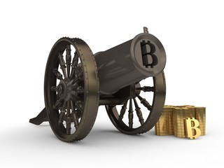 image of vintage gun black metal, shooting bitcoin, cryptocurrency. Stock of gold bitcoins alongside. The idea of the strength and superiority of cryptocurrency. 3D rendering on white background