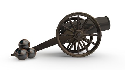 the image of the ancient cast iron cannon on wheels, cannon firing the nuclear cores.The stock...