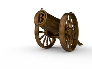 the image of an ancient bronze cannon, artillery, shooting in bitcoins cryptocurrency. The idea, mining, power and superiority of cryptocurrency. 3D rendering on white background