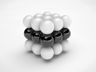 the image of a cube formed by balls, spheres, white and black colors, isolated on a white background. Abstraction on a white background. 3D rendering. The symbol of the order the idea of harmony.
