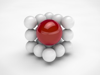 the image formed half of the cube balls sphere, black in color, and one large red sphere isolated on white background. Abstraction on a white background. 3D rendering. The symbol of order, harmony
