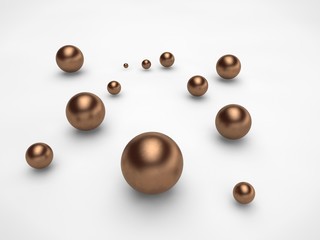 bronze balls randomly scattered on the surface of different sizes. The idea of disorder and chaos. Abstraction, picture isolated on white background. 3D redering.