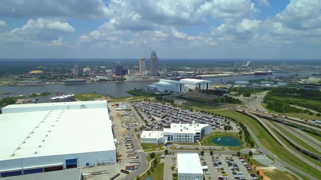 Aerial drone video footage of Mobile Alabama waterfront port district