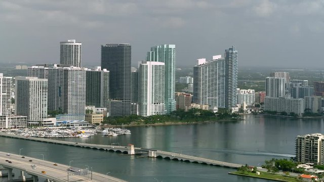 Aerial drone Miami scene Edgewater north of Downtown 4k 24p