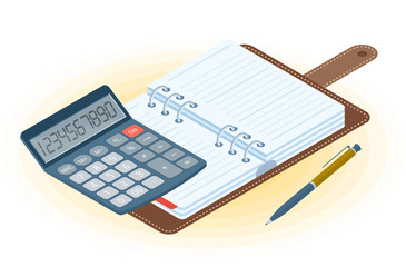 Flat vector isometric illustration of opened planner, pen, electronic calculator. Office and business workplace concept: paper agenda and accounting calculator. School, education workspace supplies.