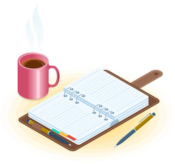 Flat vector isometric illustration of opened planner, pen, mug of coffee. Office and business breakfast workplace concept: paper agenda and hot cup. School and education workspace supplies.