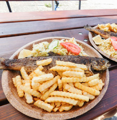 Fish (trout) and chips with a side salad