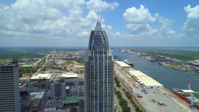 Aerial flyover top of the Regions Bank Building Downtown Mobile Alabama USA