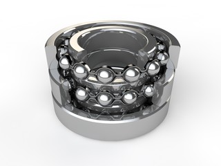 Image of ball bearings closeup on white background isolated. Two bearings in the cut. Illustration of mechanism parts, gears, gear boxes. 3D rendering