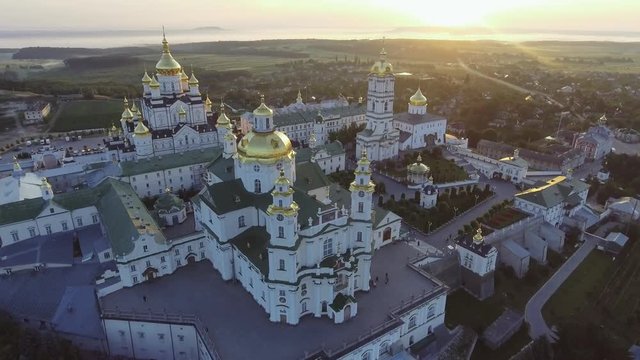 Aerial view of Holy Dormition Pochayiv Lavra, an Orthodox monastery in Ternopil Oblast of Ukraine. Eastern Europe