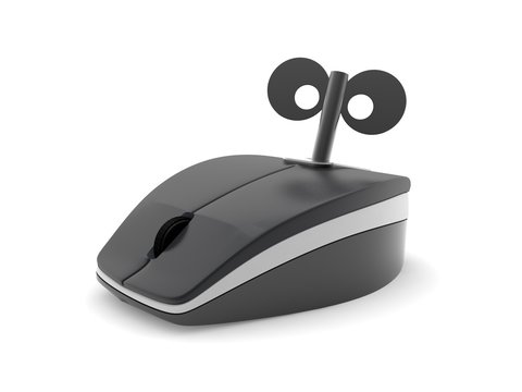 The image of a computer mouse, close-up, isolated on white background. Mouse wireless, with a key and a clockwork spring mechanism, a Bluetooth connection, black. 3D rendering