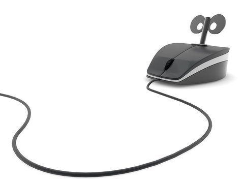 The image of a computer mouse, close-up, isolated on white background. Mouse with wire, with key and clockwork spring mechanism.Children's toy black. 3D rendering