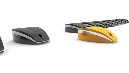 Image the many computer mice, standing in a row, black and one gold, the best is found. Mouse wireless, Bluetooth connection. The idea of winning the competition in quality. 3D rendering.