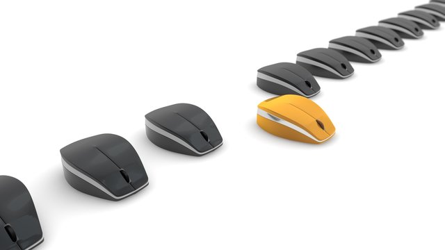 Image the many computer mice, standing in a row, black and one gold, the best is found. Mouse wireless, Bluetooth connection. The idea of winning the competition in quality. 3D rendering.