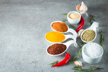 Spices in Wooden spoon. Herbs. Curry, Saffron, turmeric, rosemary, cinnamon, garlic, pepper, anise on wooden rustic background. Collection of spices and herbs. 