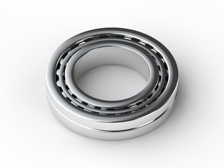 the image roller bearing closeup, isolated on a white background. The bearing rests on a white surface reflects the environment. 3D rendering