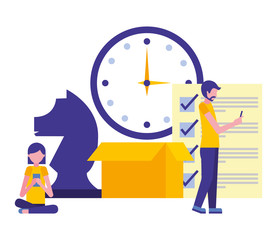 box carton with people and objects