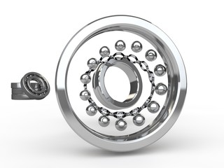 image of disassembled ball bearing, close-up, chrome. In the background a number of ball bearings, spare parts of machinery, reducer, gearbox. 3D rendering on white background