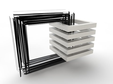 the composition of the destroyed square, exploded into many parallel long pieces of black with black squares. abstract image illustration on a white background. 3D rendering